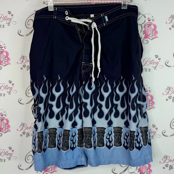 Rip zone shorts swim trunks tiki vintage Black and Blue Flame Board Shorts - Picture 1 of 7